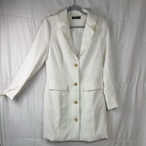 Allegra K White Longline Blazer Jacket‎ Button Front Blazer Dress Style M